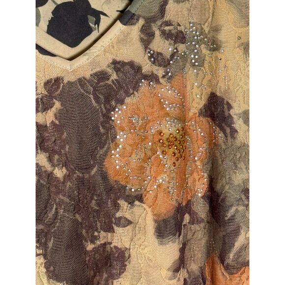 Roz & Ali XL Flutter Sleeve Tunic w lace overlay inTan/Brown/Peach/ Embellished - Picture 10 of 10